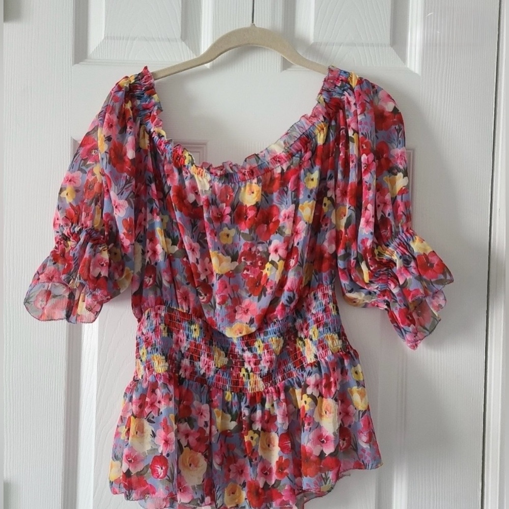 L'AGENCE Pink Multi Floral Off-Shoulder Smocked Peplum Top